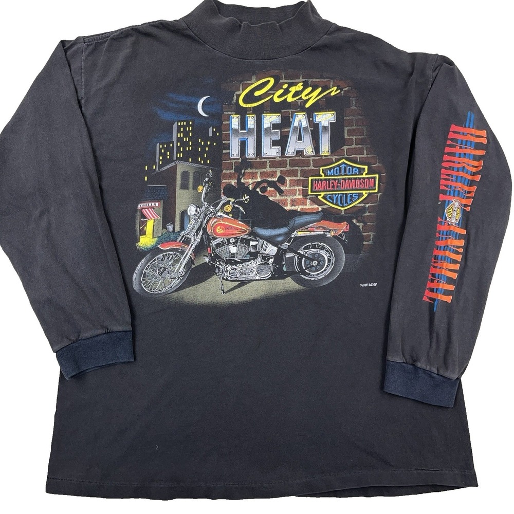 Vintage Harley Davidson Shirt Men Large Black 90s Long Sleeve‎ Faded City Nights